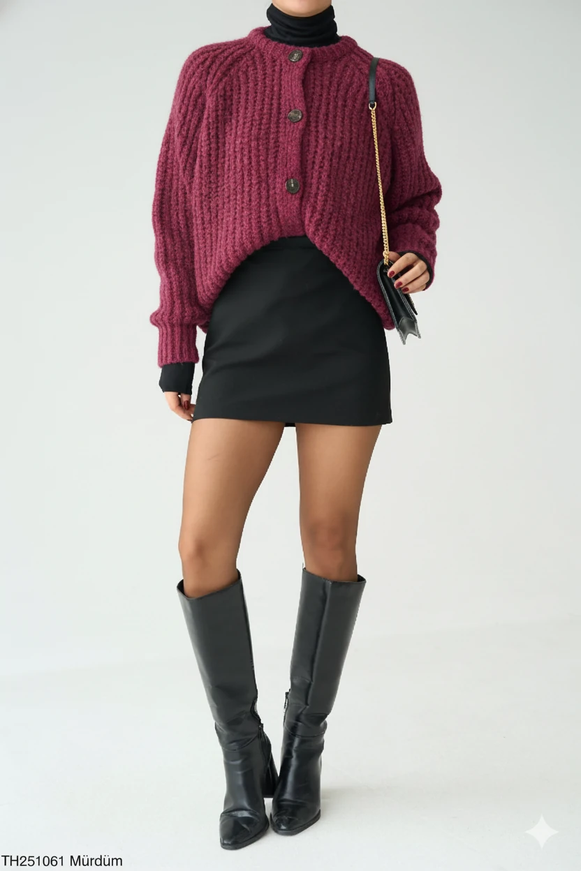 Kalın Örgü Oversize Triko Kazak - Mürdüm