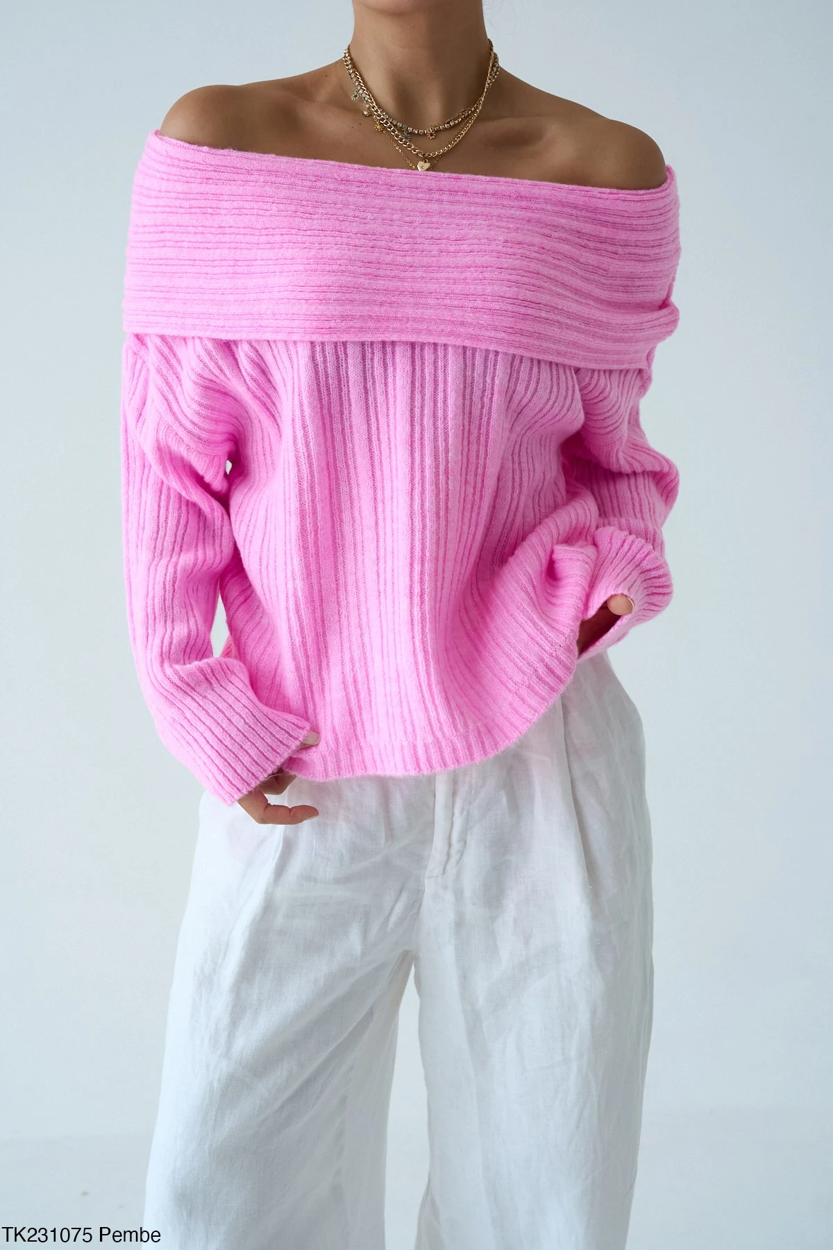 Kadın Omuz Açık Kaburga Örgü Geniş Yaka Büyük Boy Kazak - Pembe