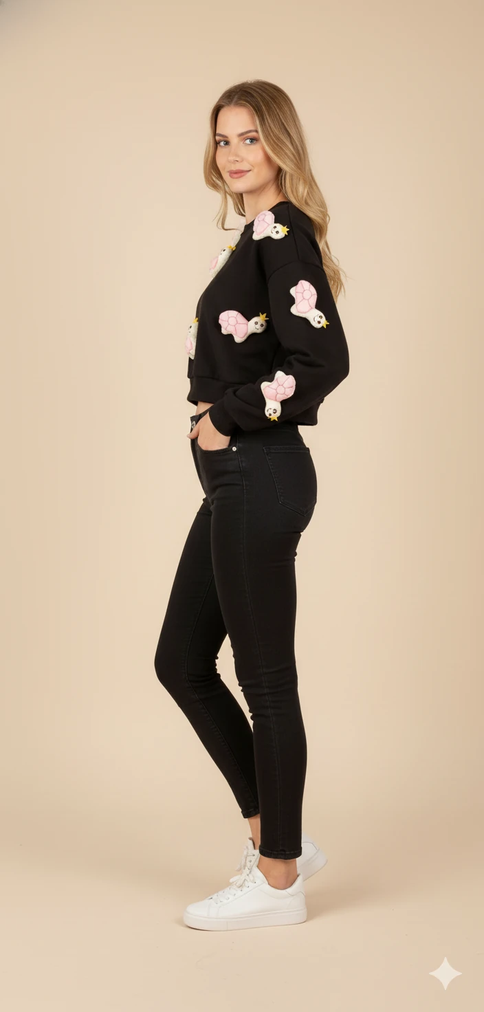 Kadın 3D Figürlü Crop Sweat Kabartmalı Karakter Desenli Bisiklet Yaka Uzun Kollu Kısa Sweat - Ekru