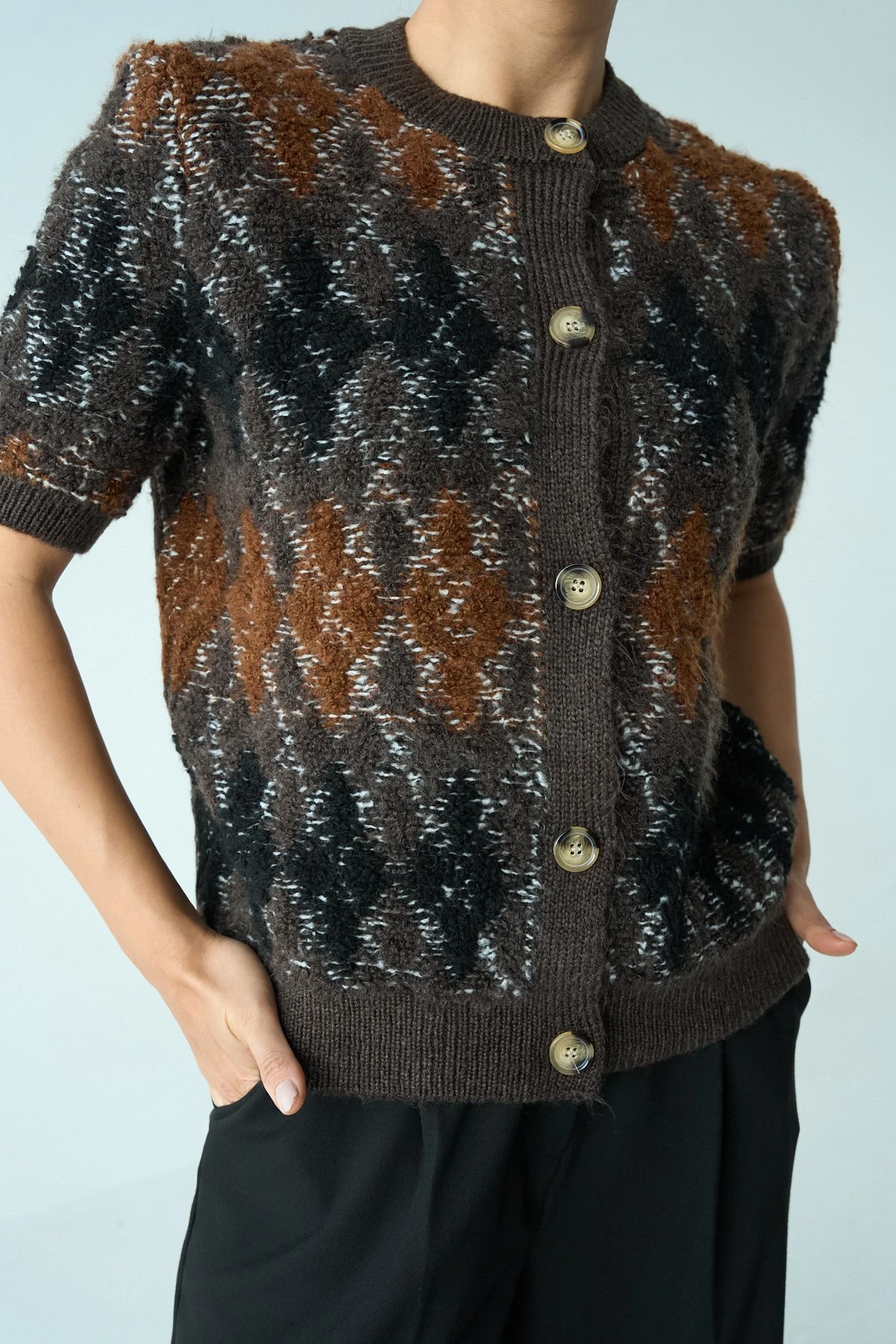 Kısa Kollu Argyle Desenli Triko Hırka