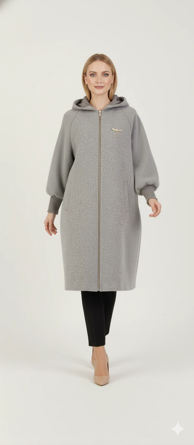 Kadın Gri Kapüşonlu Balon Kol Fermuarlı Kaban Oversize Midi Boy Kışlık Kaşe Mont - Gri