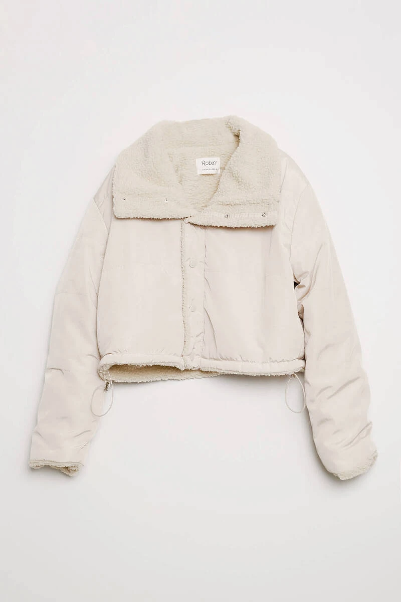 Cemo Düğmeli Kuzu Kürk Yakalı Kısa Ceket Açık Bej