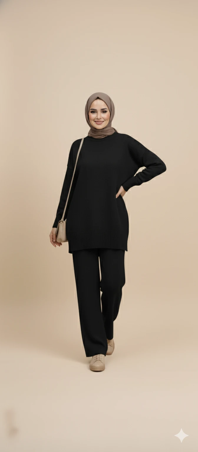 Triko Tunik Pantolon Tesettür Takım - Siyah