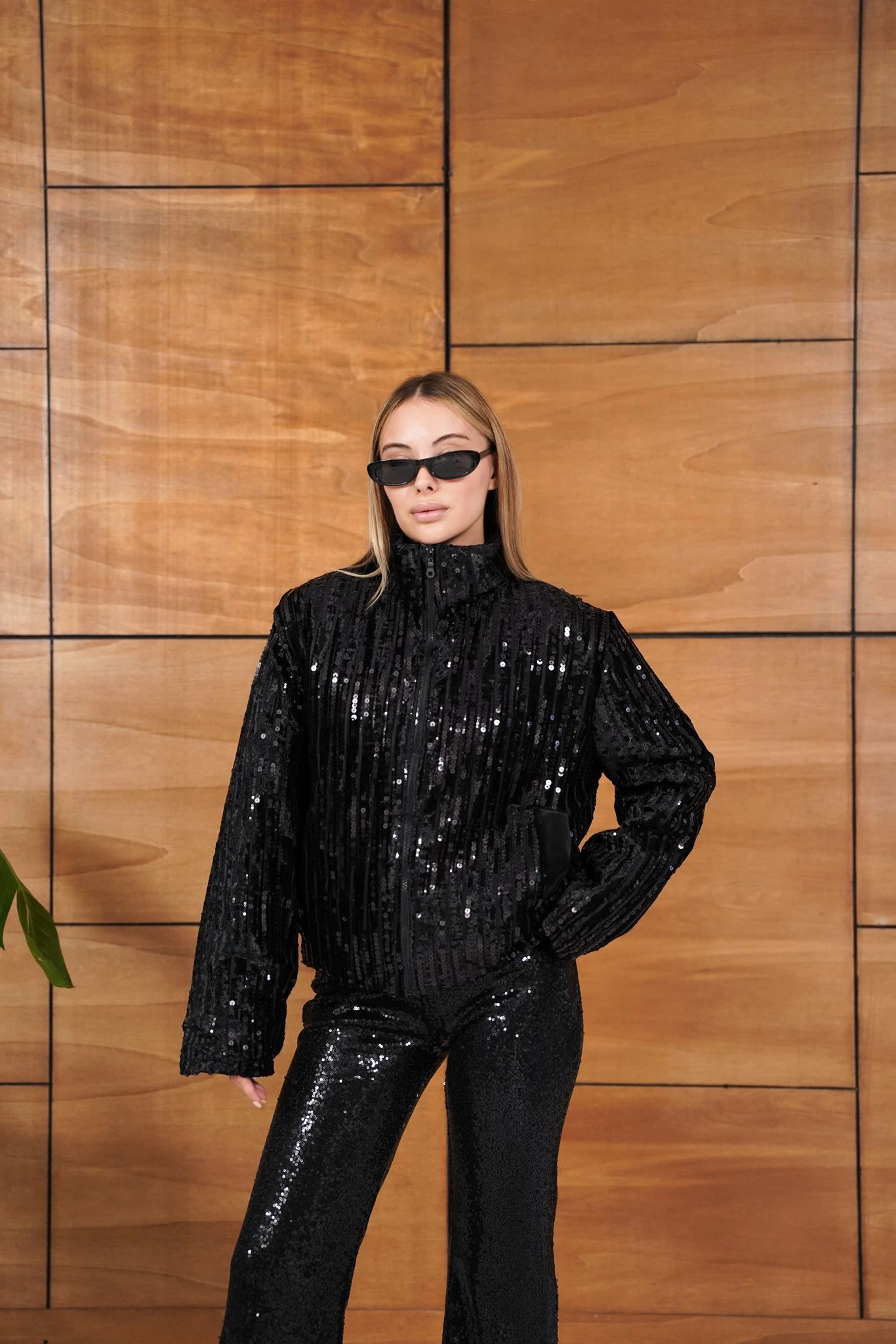 Cemo Full Pul Payetli Siyah Fermuarlı Bomber Ceket