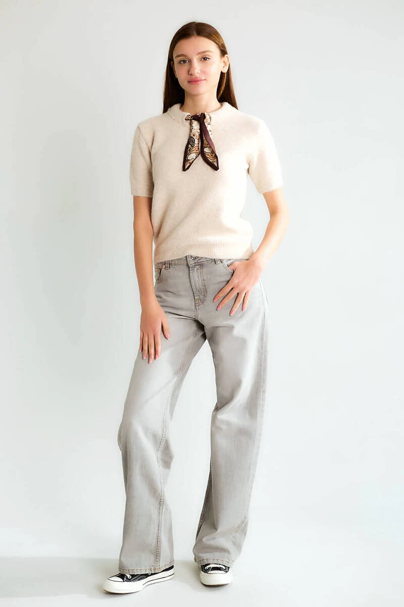 Cemo Basic Yarım Boğazlı Kısa Kollu Kaşmir Görünümlü Triko - Bej