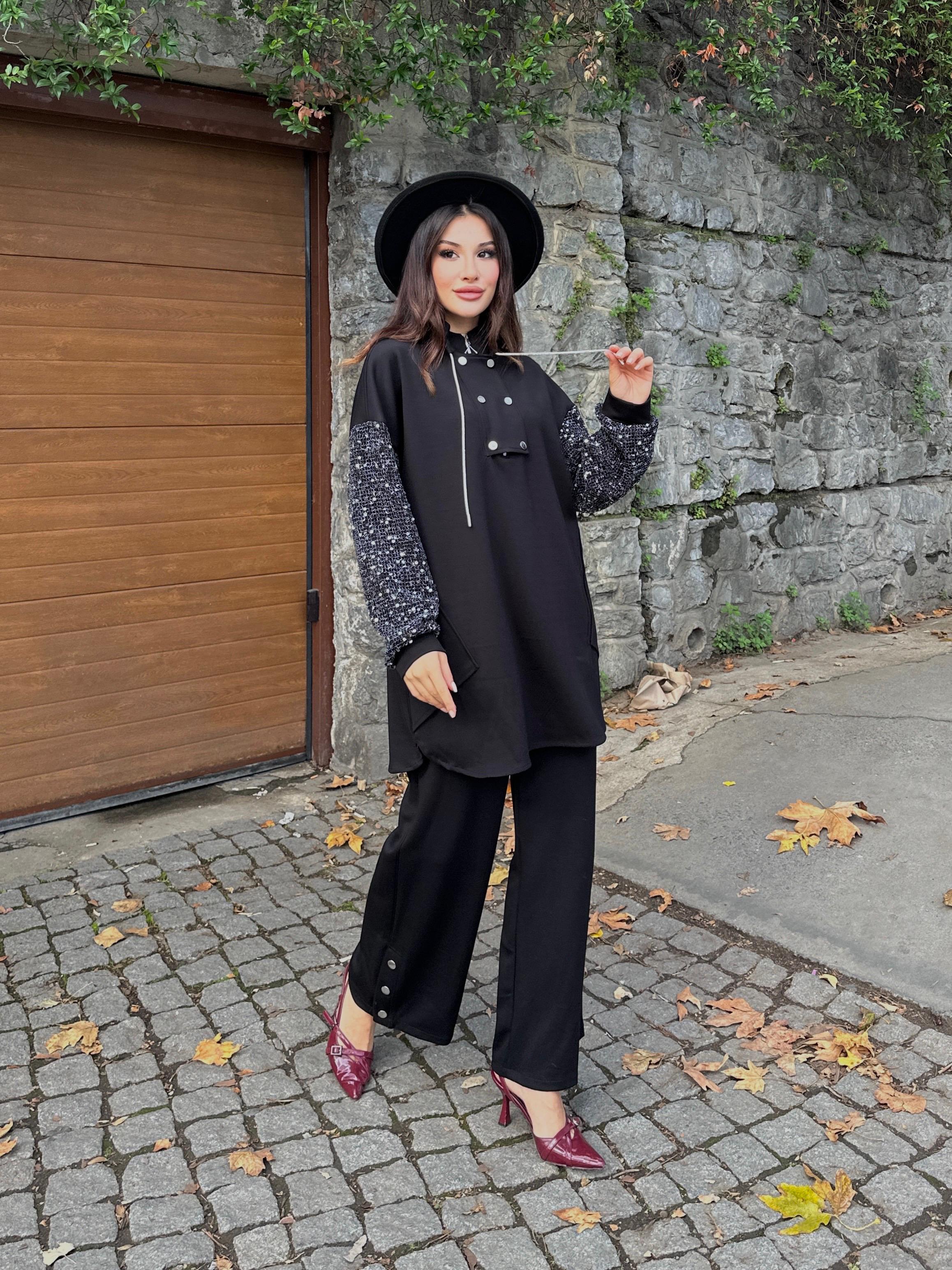 Kadın Siyah Payetli Kol Detaylı Uzun Tunik Kazak Yarım Fermuarlı Bol Kesim