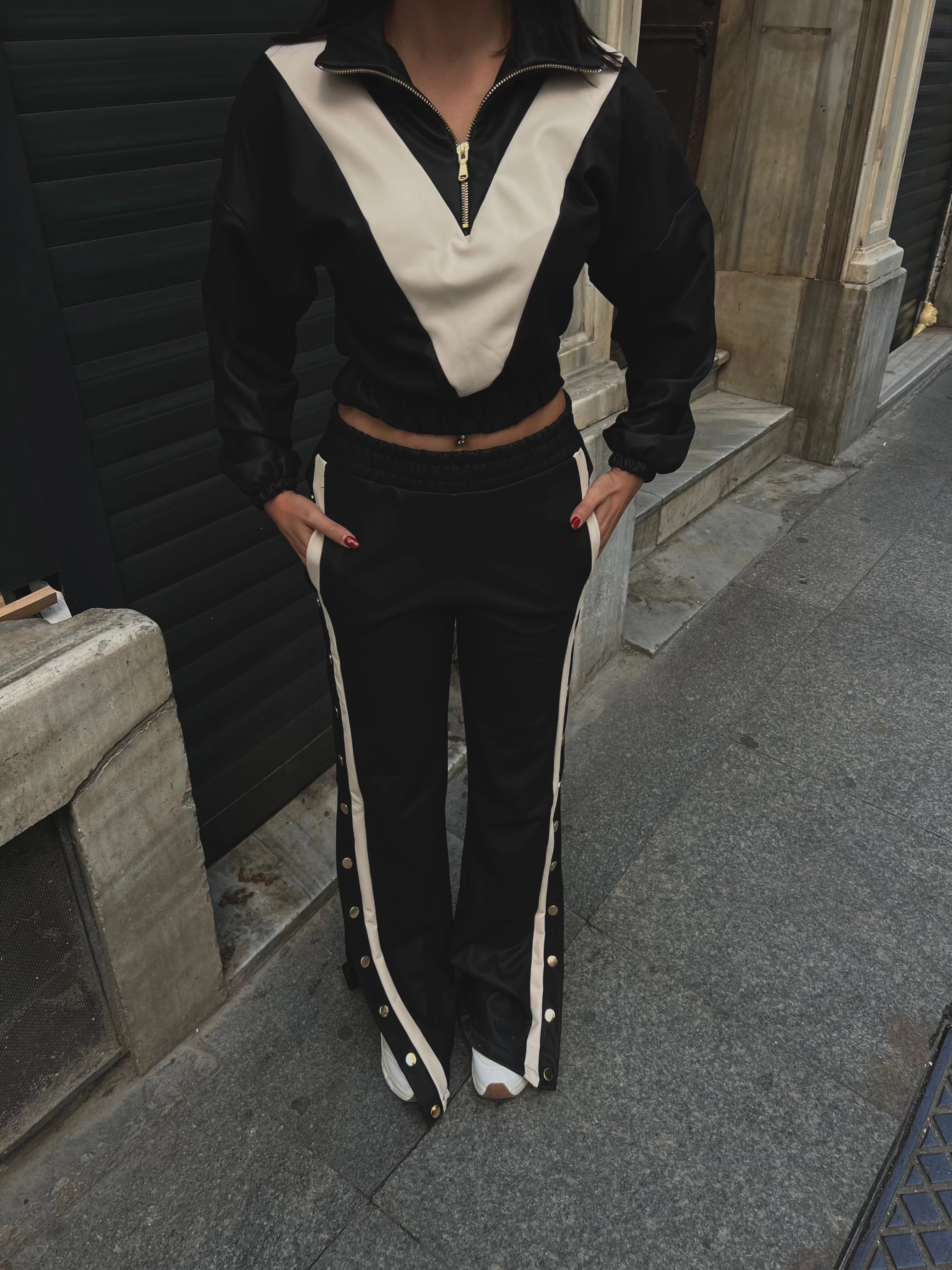 Fermuarlı Şerit Detaylı Deri Cıtcıtlı Takım