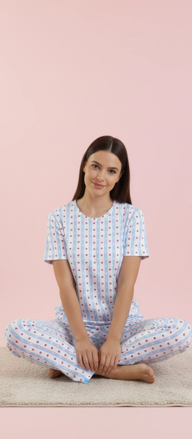 Kalp Baskılı Çizgili Kısa Kollu Pijama TakımI