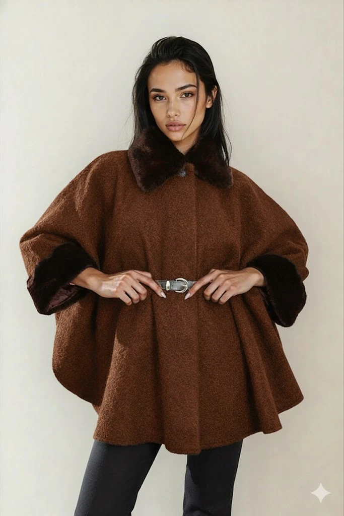Kadın Kürk Yaka Manşet Detaylı Panço Kaban Kemerli Pelerin Ceket Kaşe - Kahverengi