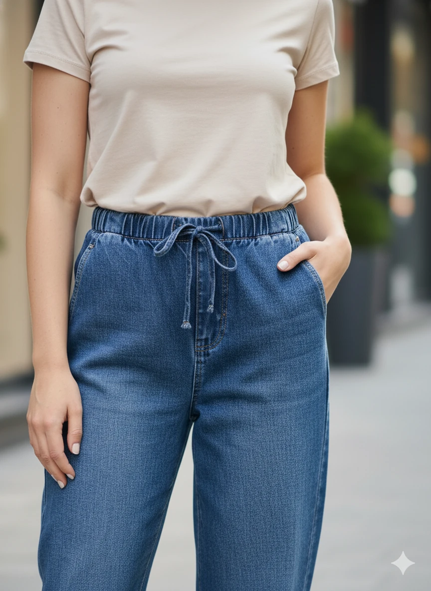 Kadın Beli Lastikli Kot Pantolon Bağcıklı Jogger Model Rahat Kesim Mavi Denim Jean