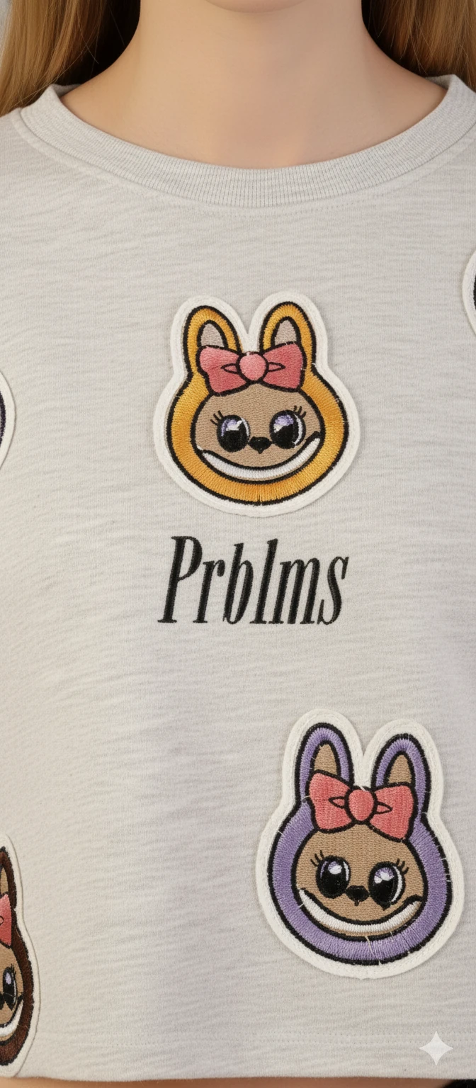 Kadın Labubu Karakter Yama Detaylı Crop Sweat Bisiklet Yaka Uzun Kollu Kısa Sweat - Gri