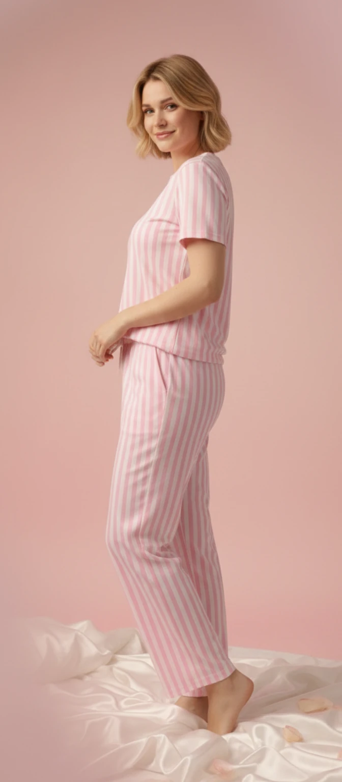 Pembe Beyaz Çizgili Kısa Kollu Pijama