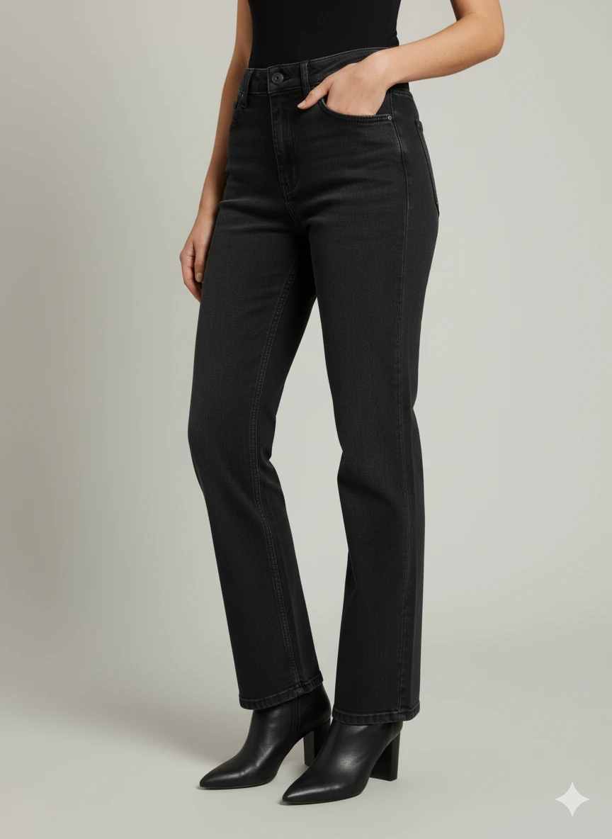 Siyah Yüksek Bel Düz Kesim Kot Pantolon Kadın