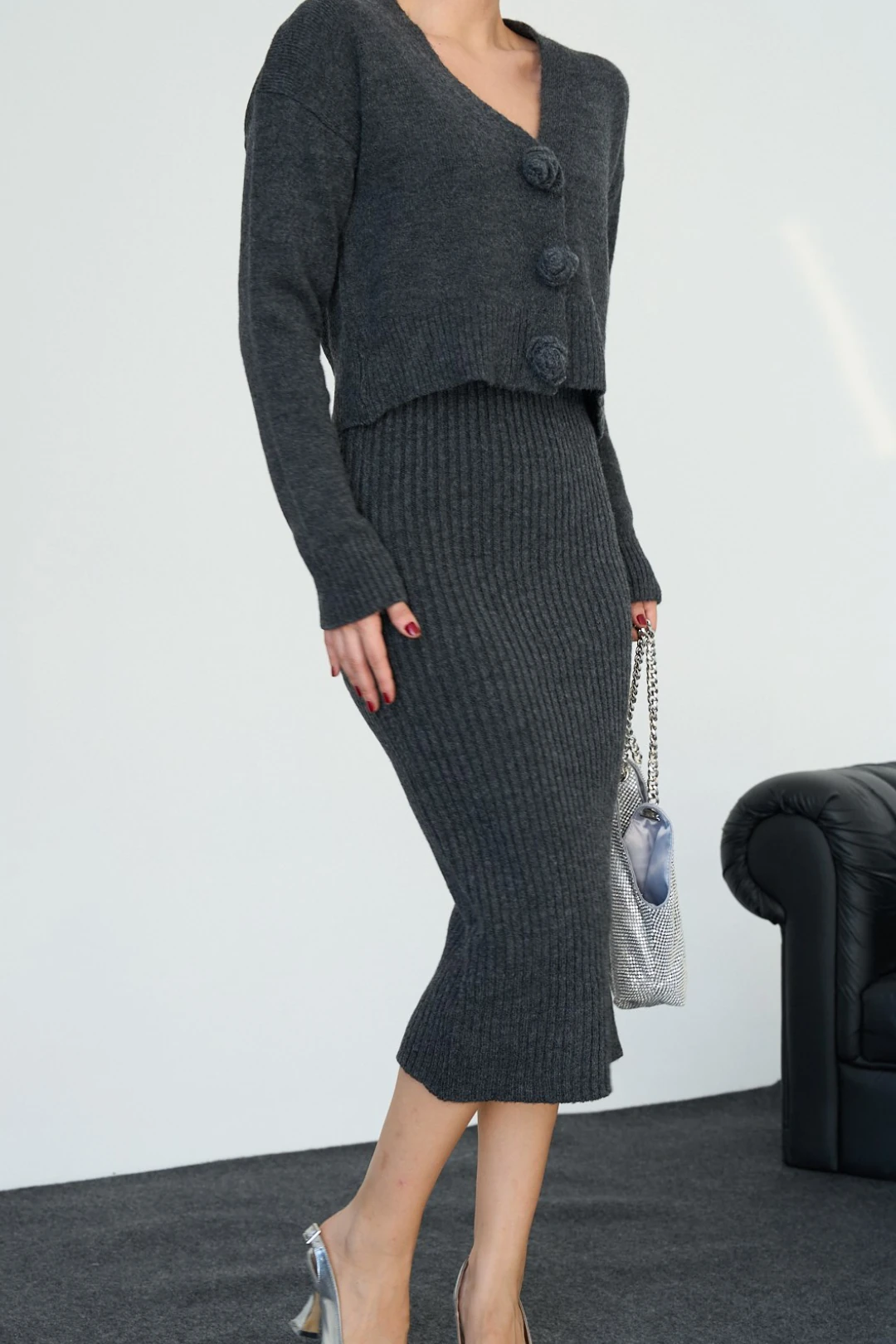 Kadıni Örgü Kısa Hırka Kazak - Antrasit