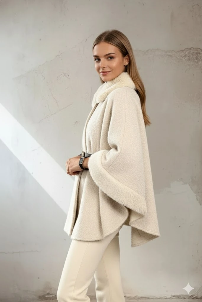 Kadın Kürk Yaka Manşet Detaylı Panço Kaban Kemerli Pelerin Ceket Kaşe - Bej