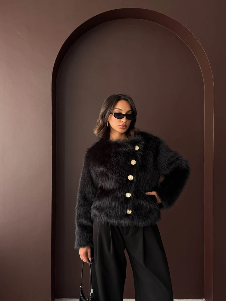 Kadın Vintage Peluş Tüylü Crop Ceket Altın Düğmeli Bisiklet Yaka Kışlık Şık Ceket - Siyah