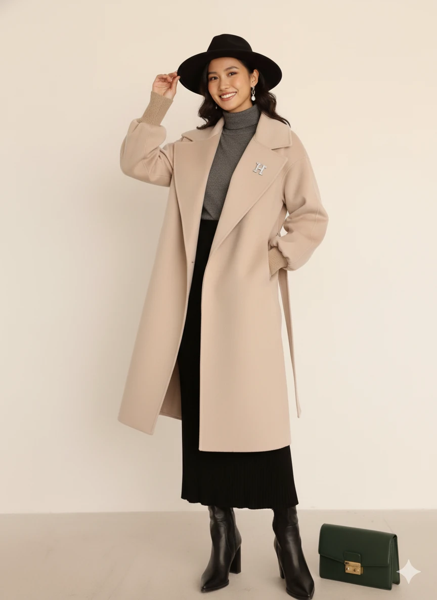 Kadın Siyah Kaşe Uzun Kaban Maksi Boy Palto Geniş Yakalı Düz ​​Kesim Kışlık  - Bej