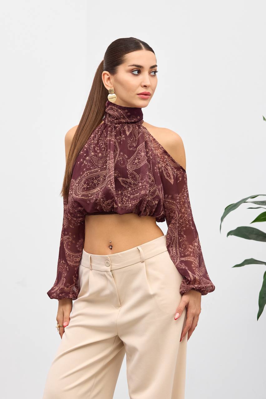 Bordo Omuzu Açık Belden Lastikli Bluz - Çok Renkli