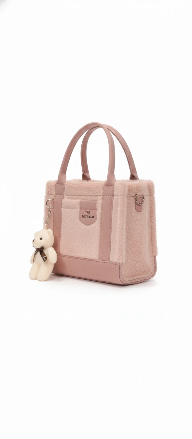 Kürk ve Teddy Ayıcıklı Tüylü Mini Tote Çanta - Pembe