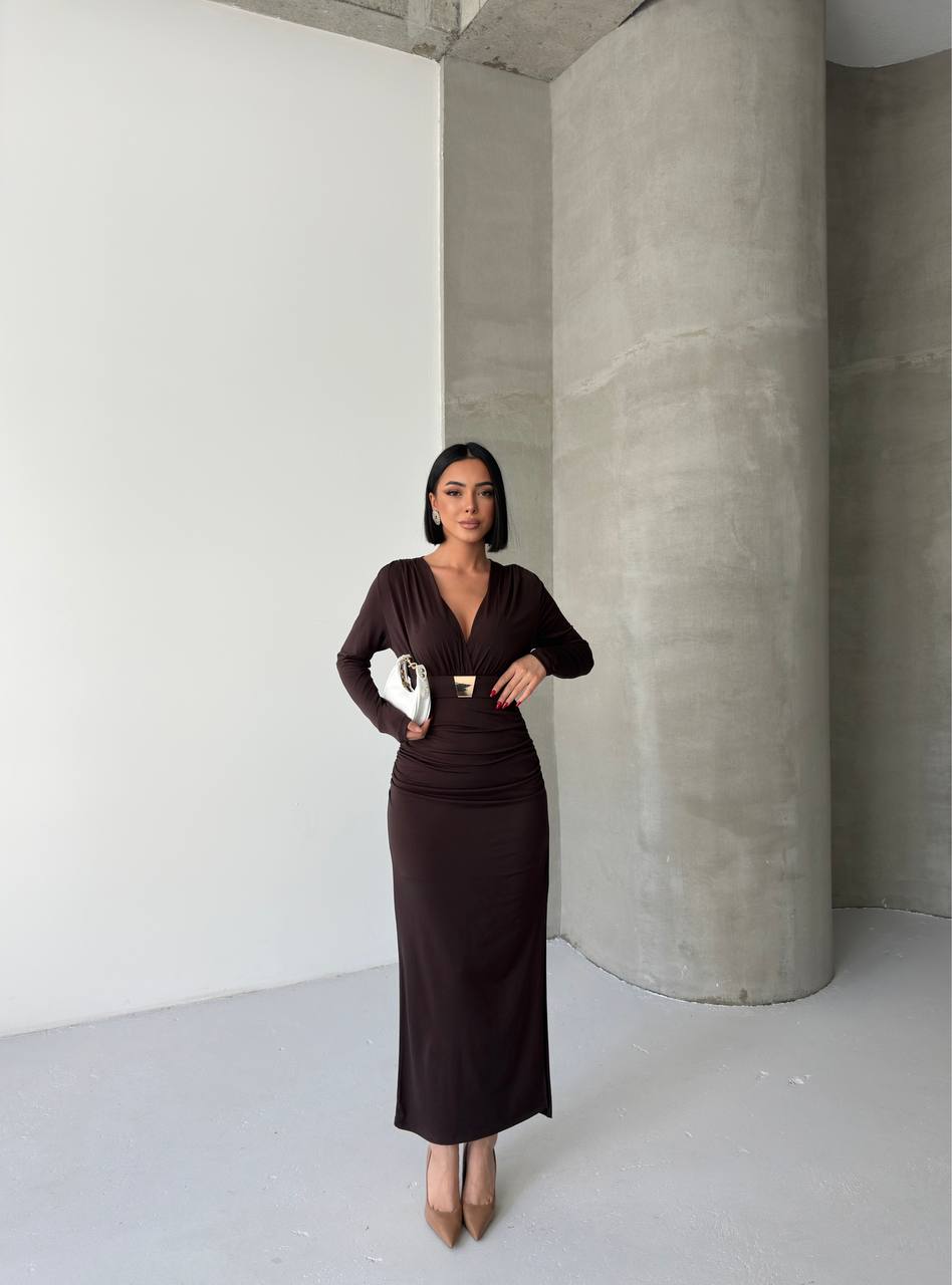 KRUVAZE AKSESUARLI MAXİ ELBİSE - Kahverengi