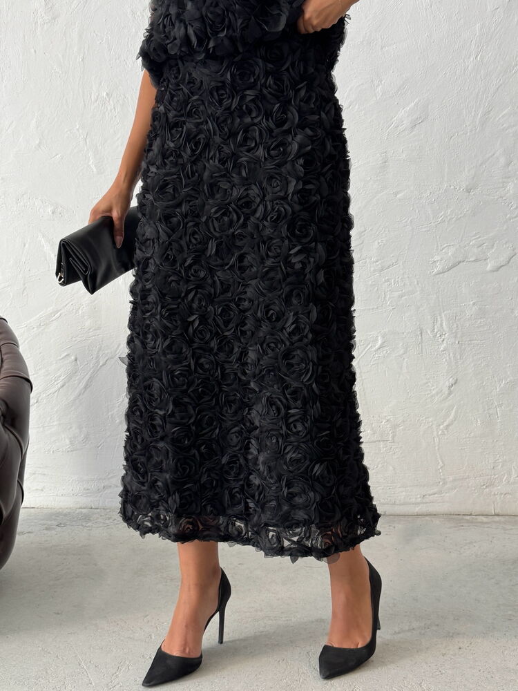 Gül Desenli Tül  Etek - Siyah