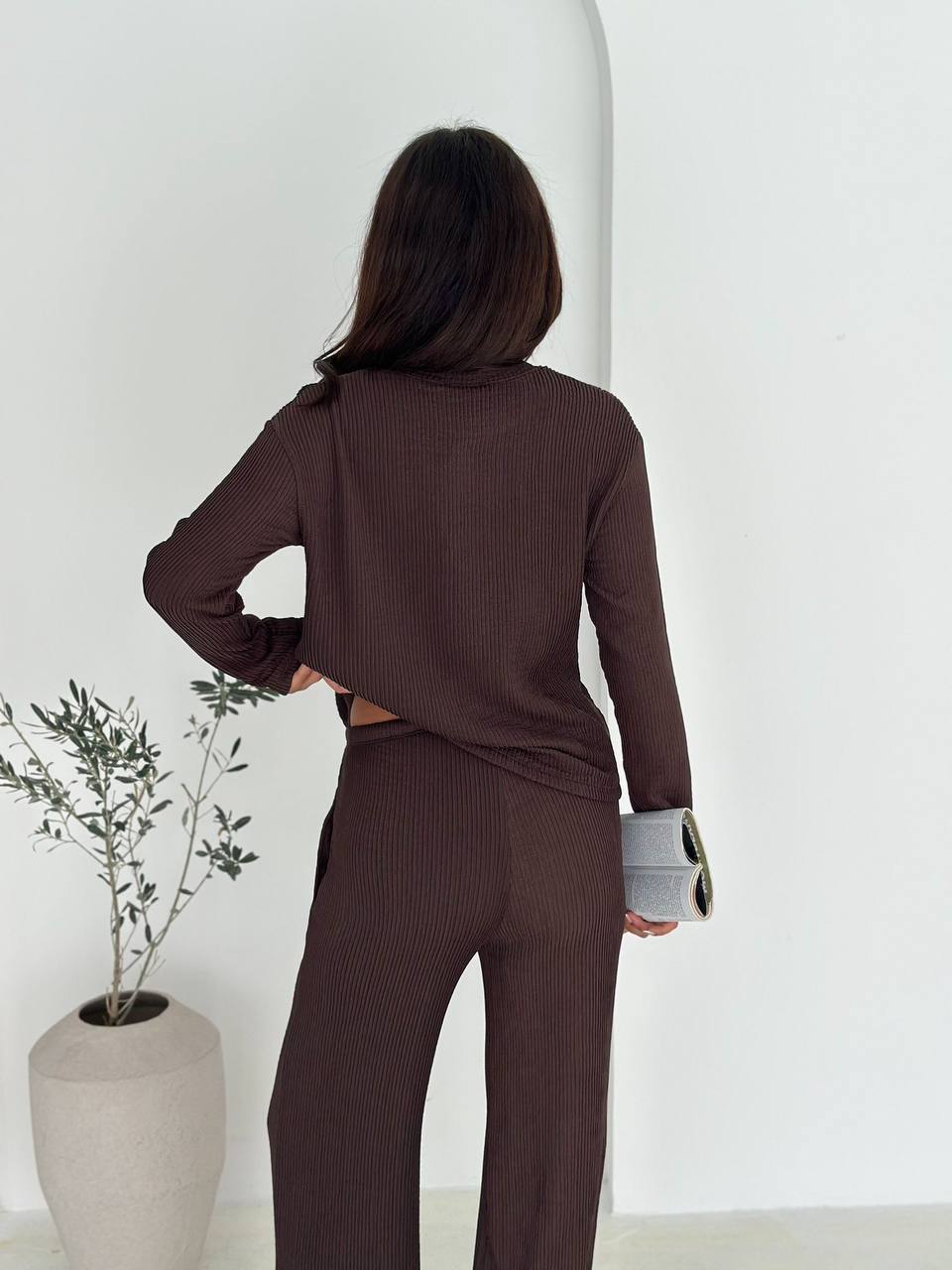 Kadın Ribana Fitilli Triko Takım – Rahat Kesim & Günlük Stil - Kahverengi