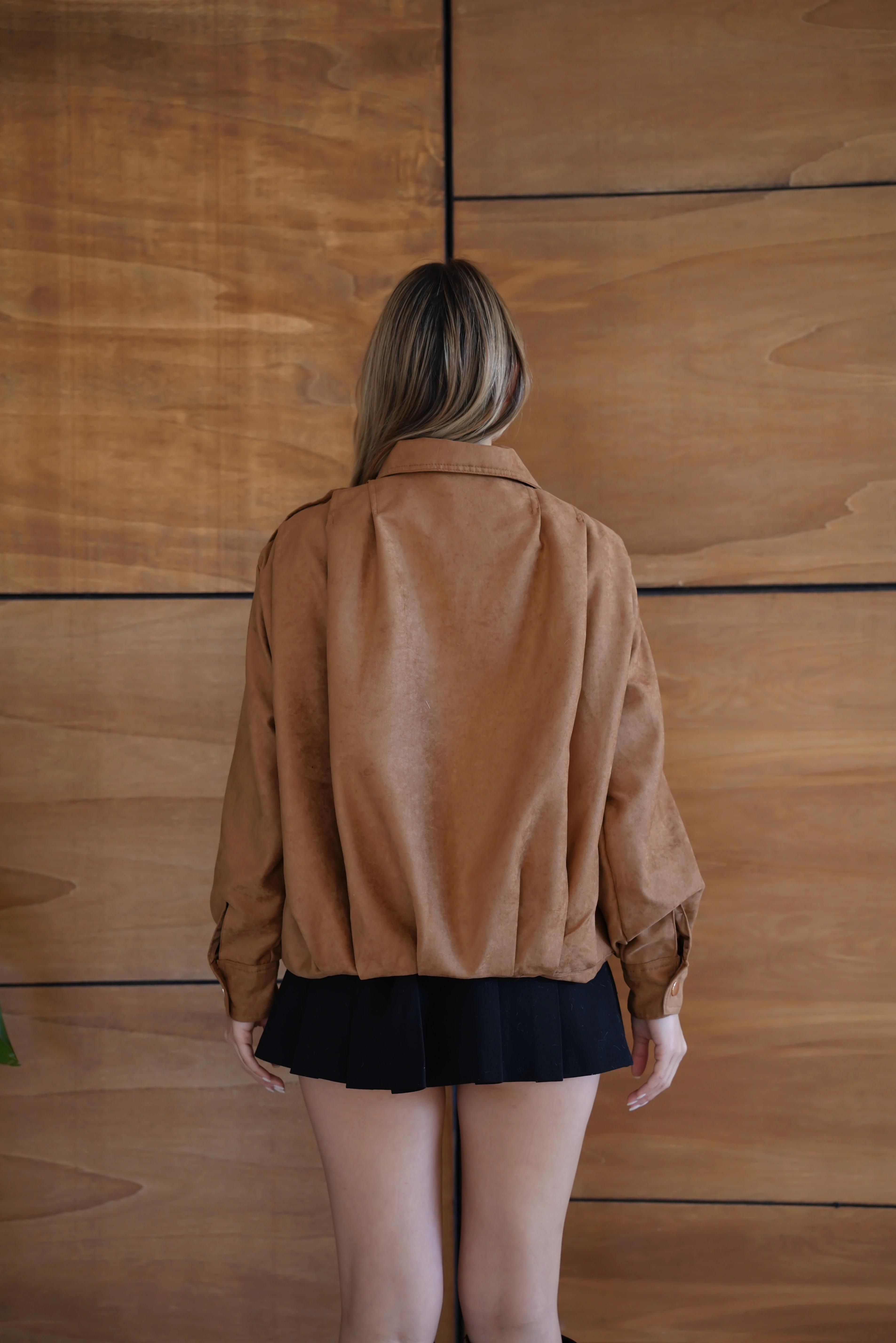 Kadın Bordo Fermuar Detaylı Kısa Ceket Bomber Gömlek Yaka Baharlık Ceket - Camel