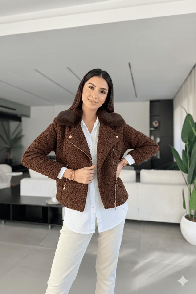 KÜRKLÜ FERMUAR ÇEPLİ CEKET  - Kahverengi