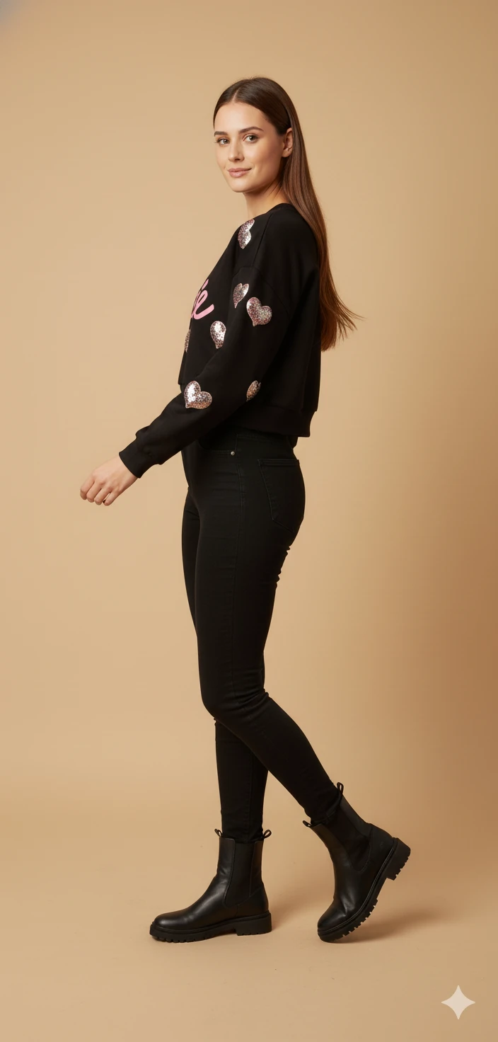 Kadın Barbie Yazılı Crop Sweat Payetli Kalp Detaylı Yuvarlak Yaka Basic Kısa Sweat - Siyah