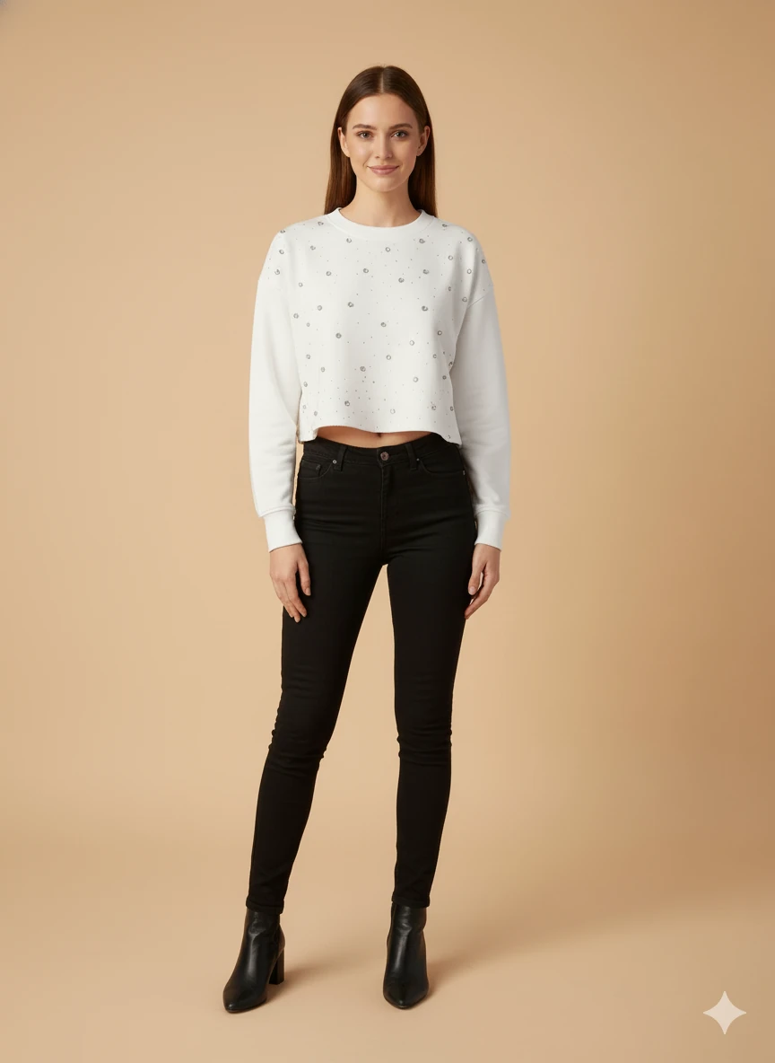 Kadın Uzun Kollu Kısa Kazak Taşlı Detaylı Crop Üst Giyim