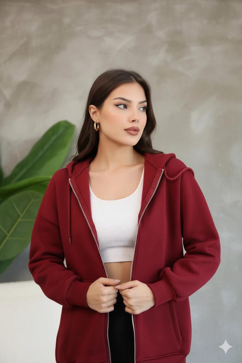 Kadın Genç Unisex Cepli Kapüşonlu Fermuarlı Sweatshirt Hırka - Bordo