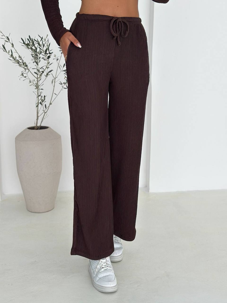 Kadın Ribana Fitilli Triko Takım – Rahat Kesim & Günlük Stil - Kahverengi