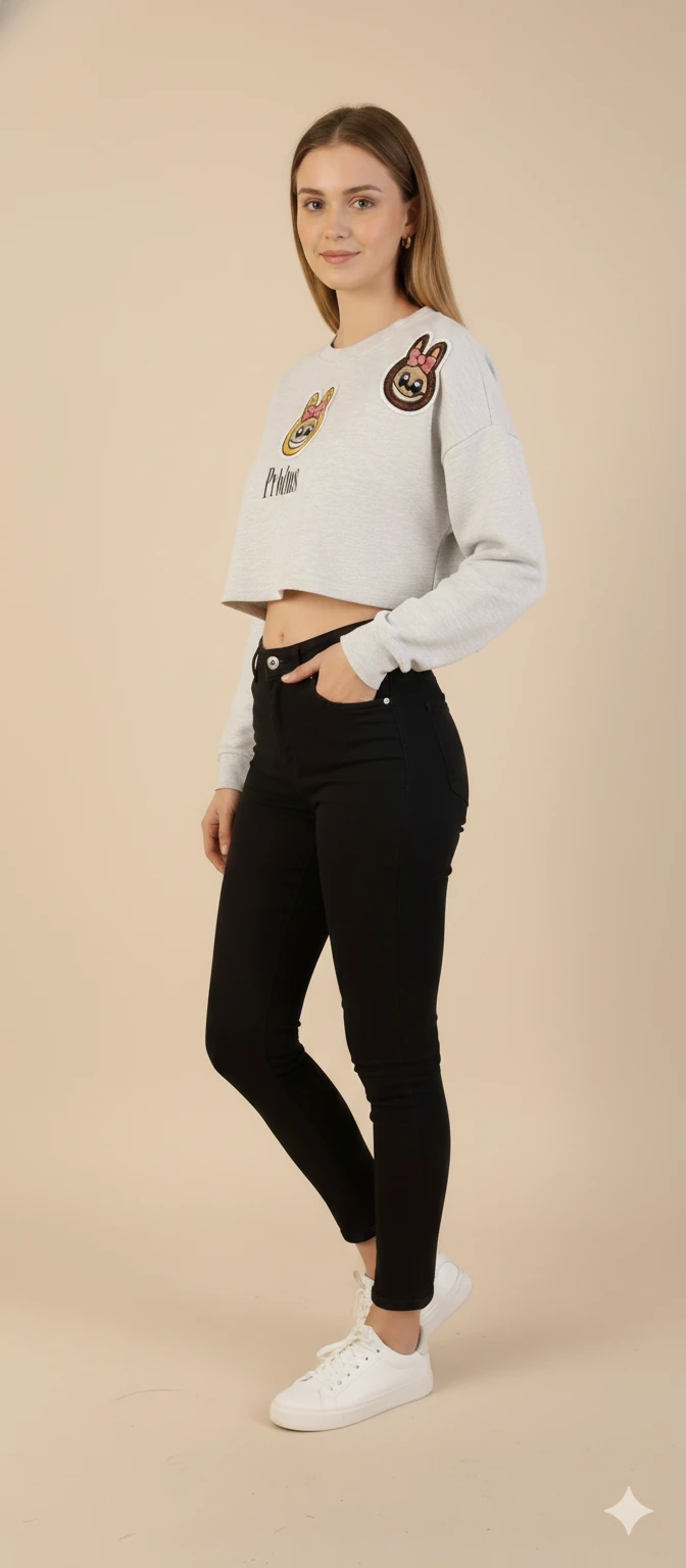 Kadın Labubu Karakter Yama Detaylı Crop Sweat Bisiklet Yaka Uzun Kollu Kısa Sweat - Gri