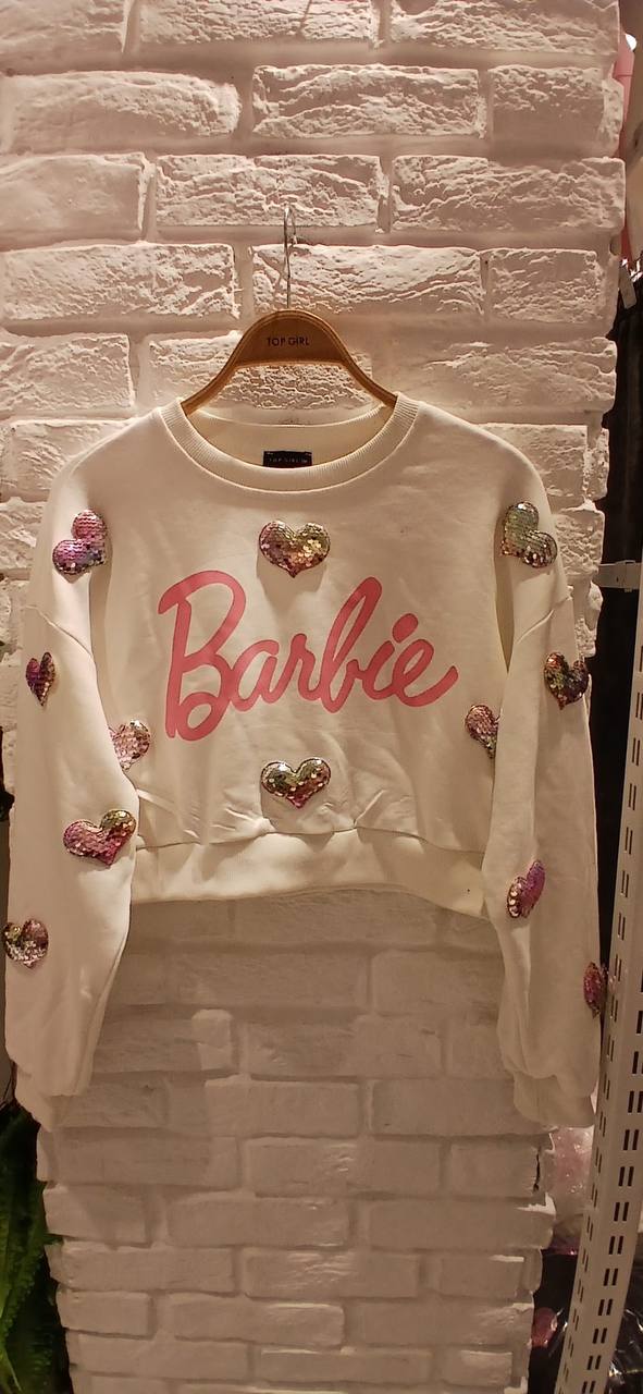 Kadın Barbie Yazılı Crop Sweat Payetli Kalp Detaylı Yuvarlak Yaka Basic Kısa Sweat - Ekru