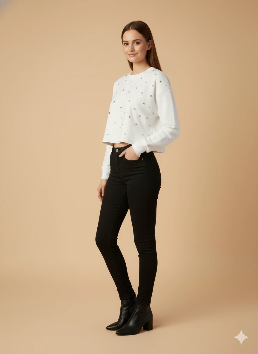 Kadın Uzun Kollu Kısa Kazak Taşlı Detaylı Crop Üst Giyim