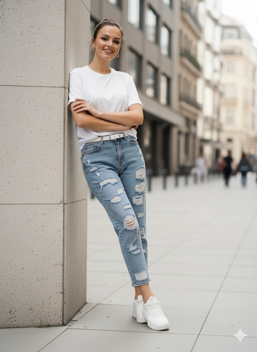 Kadın Yırtık Kot Pantolon Payetli Figür Detaylı Yüksek Bel Bol Kesim Jean