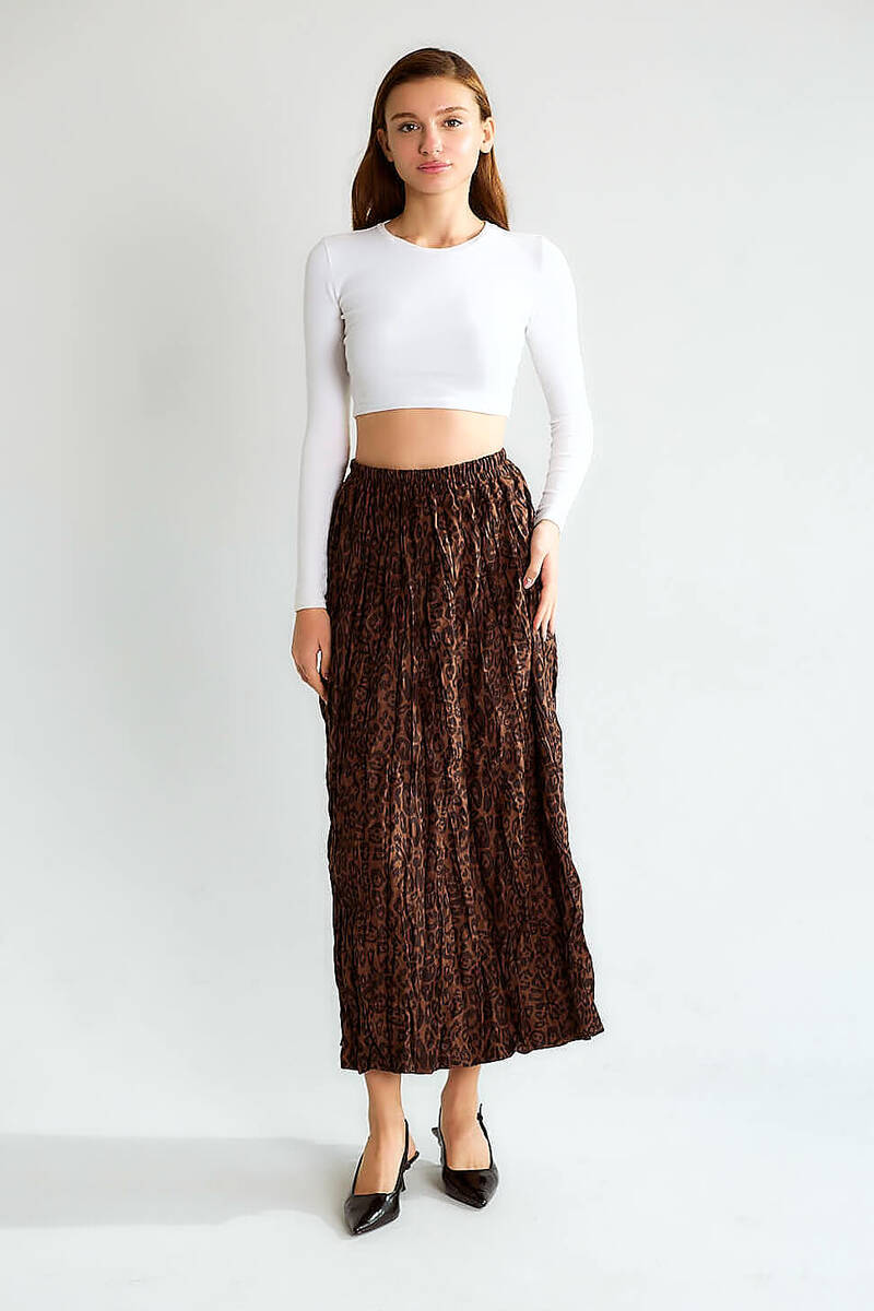 Kadın Leopar Desenli Lastikli Bel Büzgülü Saten Midi Etek Uzun Boy Şık Etek