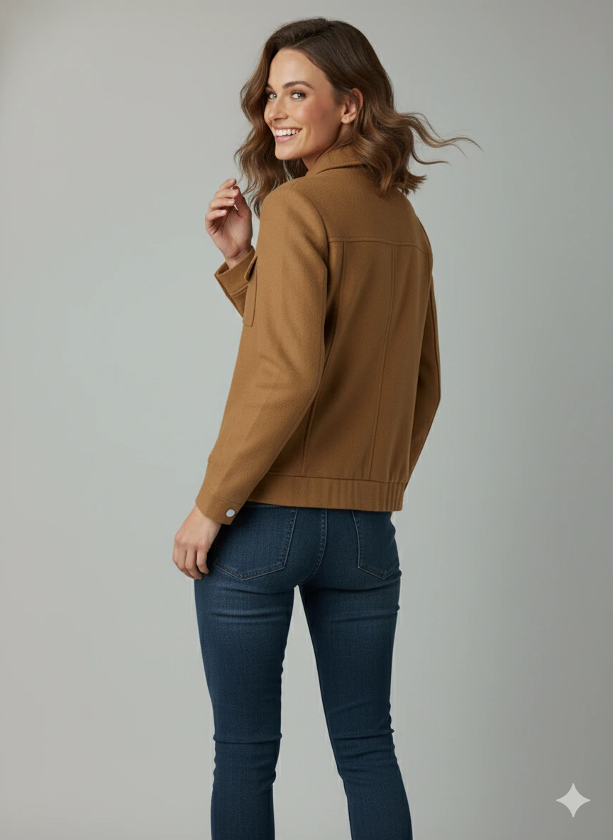 Kadın Taba Zarif Kısa Ceket Toka Detaylı Dik Yaka Cepli Süet/Kaşe Baharlık Ceket - Taba