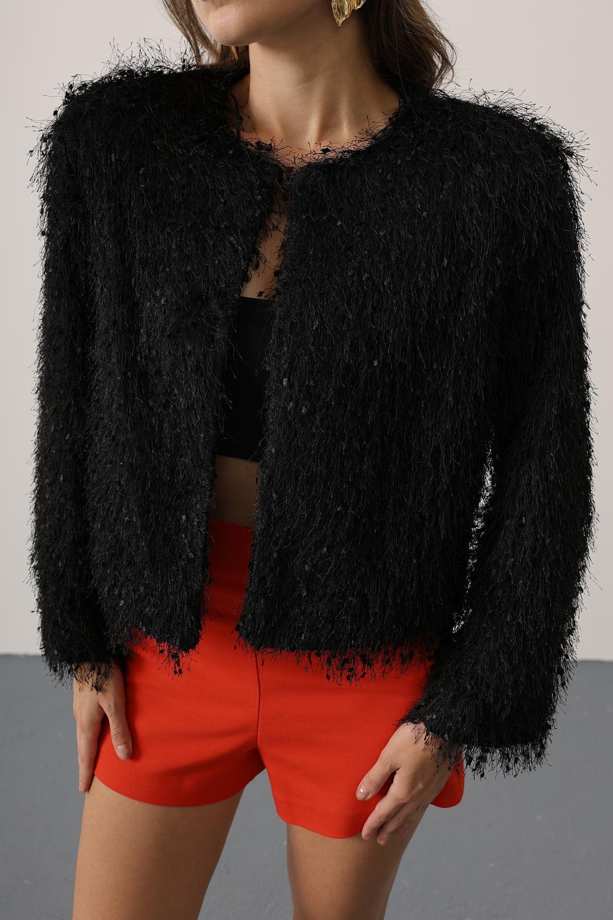 Kadın Bisiklet Yaka Astarlı Sakal İp Ceket