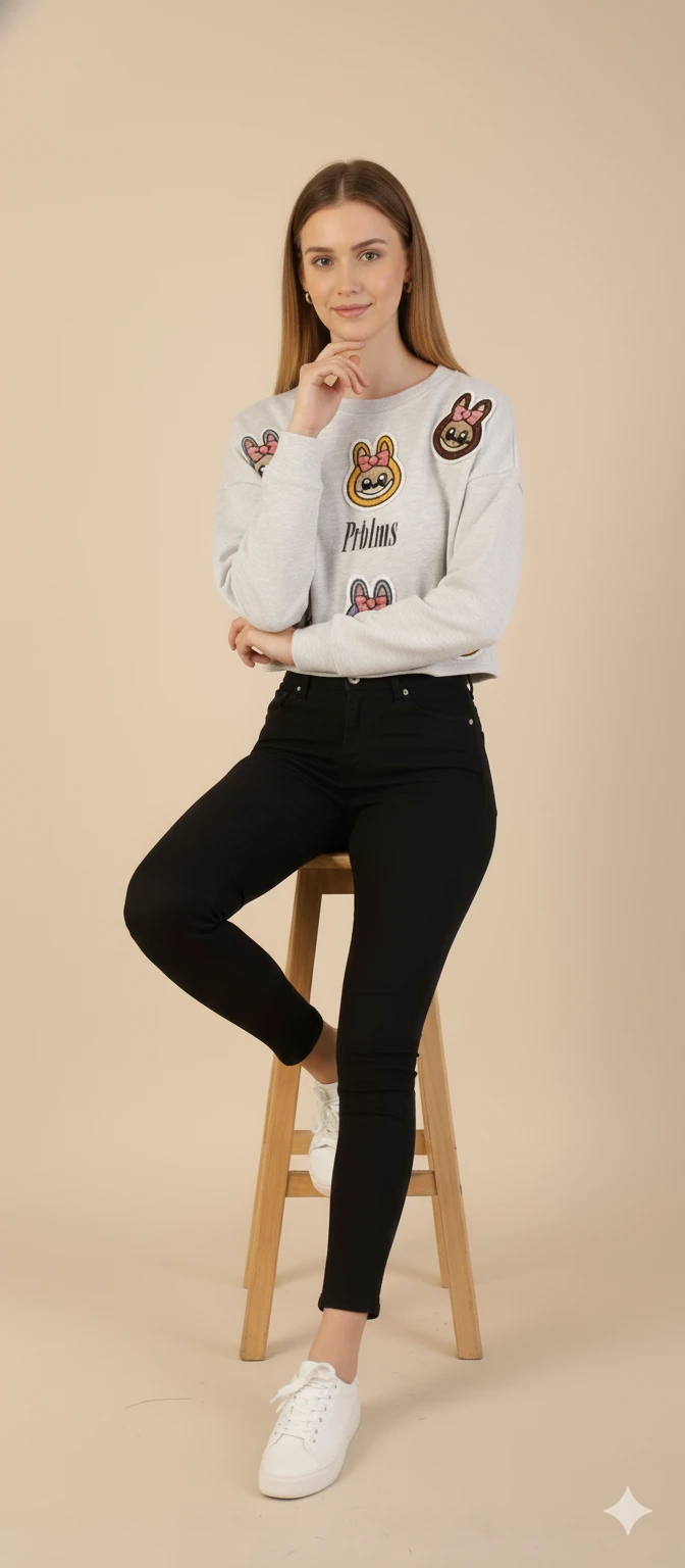 Kadın Labubu Karakter Yama Detaylı Crop Sweat Bisiklet Yaka Uzun Kollu Kısa Sweat - Gri