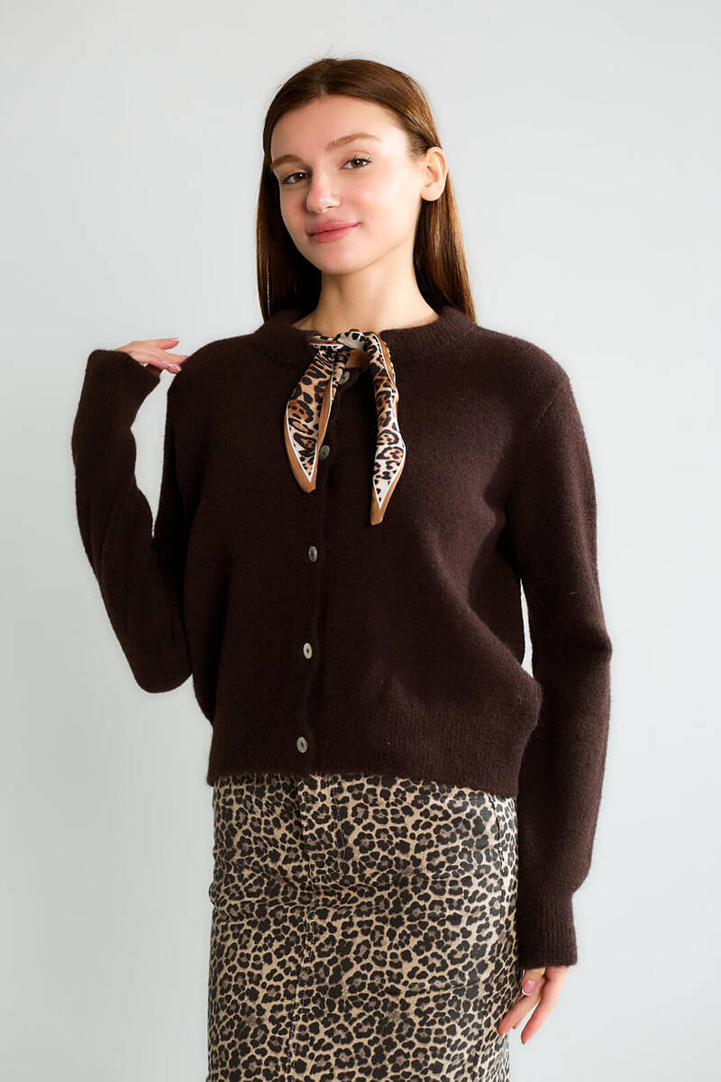 Cemo Ofis Şıklığı Düğmeli Uzun Kollu Triko Ceket - Koyu Kahve