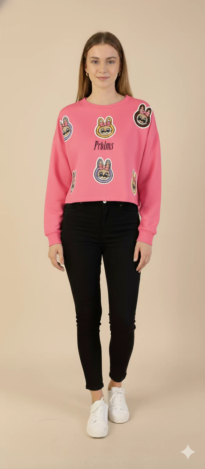 Kadın Labubu Karakter Yama Detaylı Crop Sweat Bisiklet Yaka Uzun Kollu Kısa Sweat - Pembe