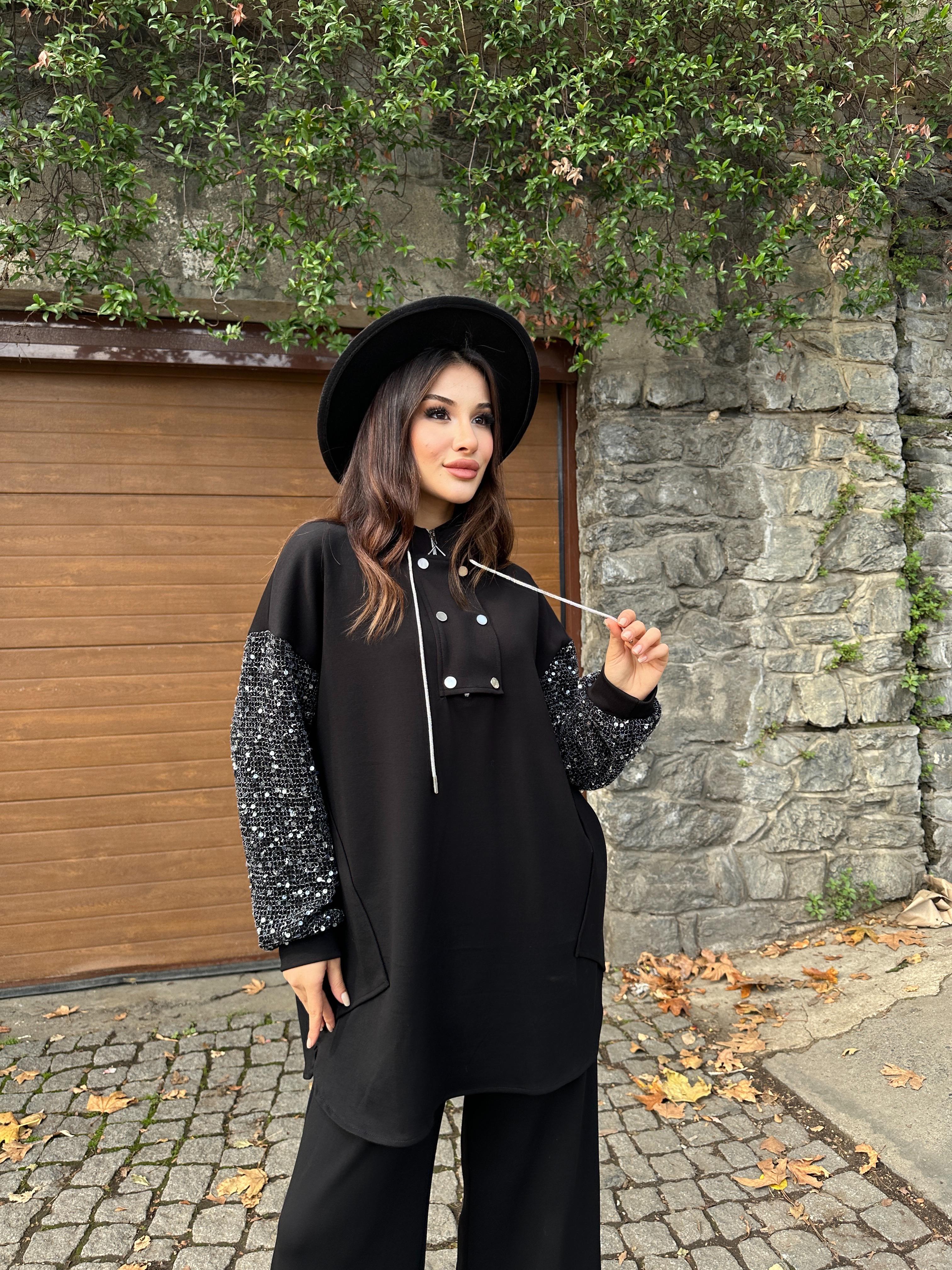 Kadın Siyah Payetli Kol Detaylı Uzun Tunik Kazak Yarım Fermuarlı Bol Kesim