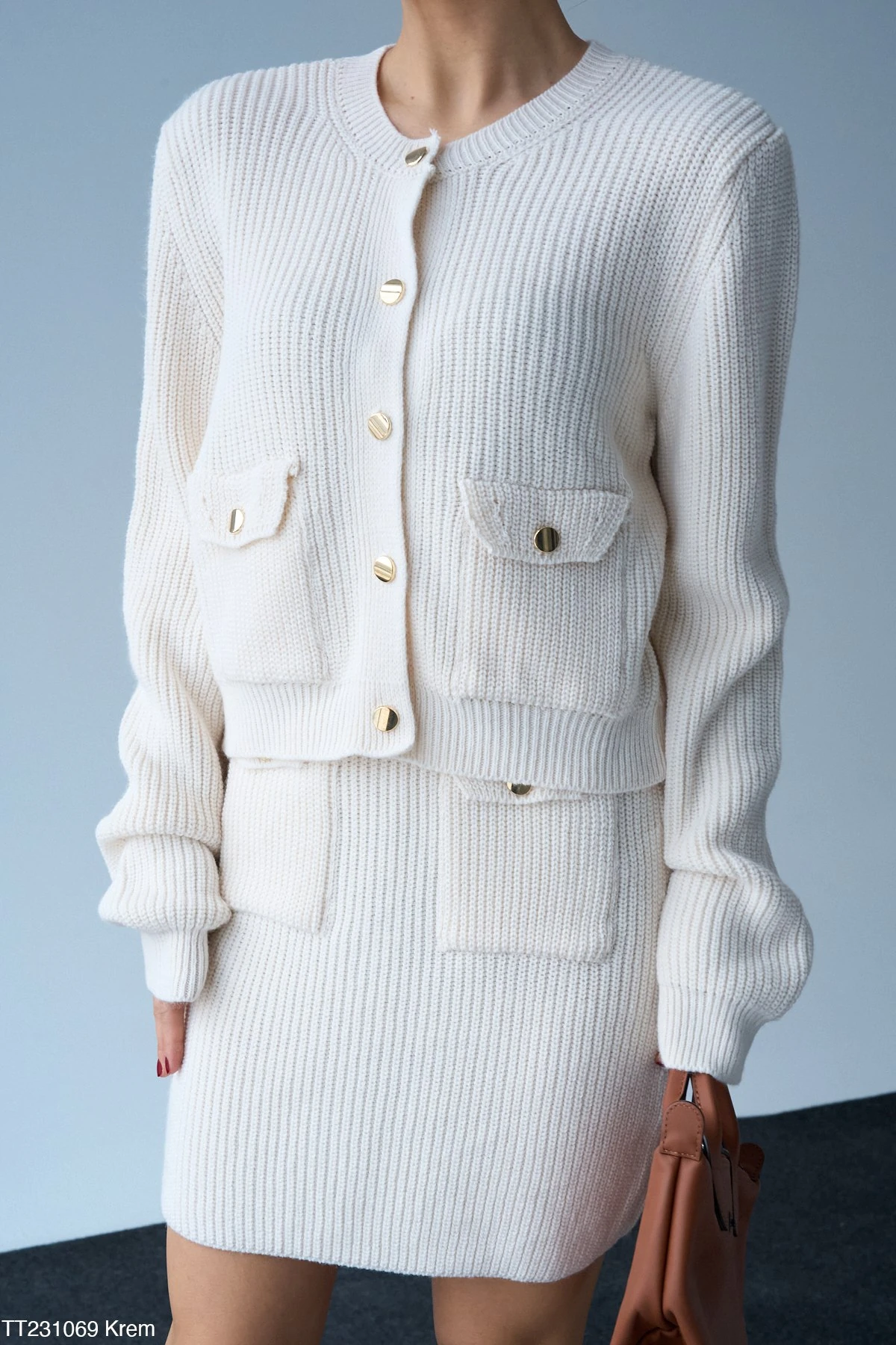 Gold Düğmeli Triko Mini Etek ve Hırka Takımı