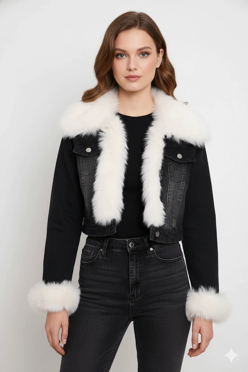 Siyah Kot Suni Kürk Yaka Manşetli Mont