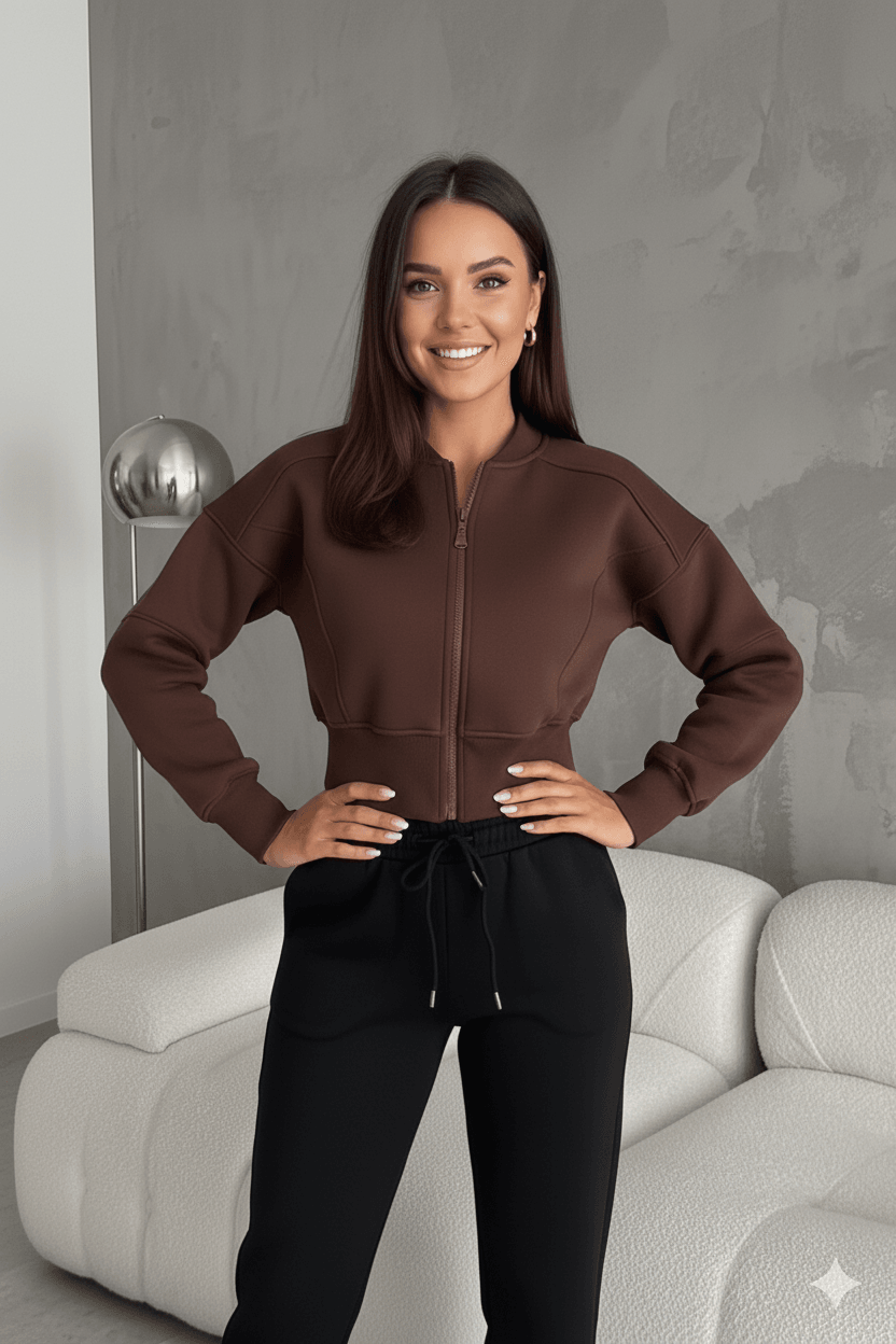 Kadın Fermuarlı Fit Cropped Sweatshirt – Sportif & Şehirli Stil - Kahverengi