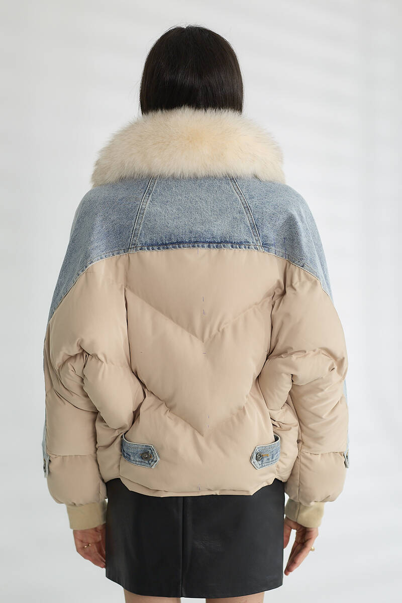 Kadın Kürk Yakalı Kot Ceket Şişme Puffer Detaylı Oversize Kışlık Denim Mont