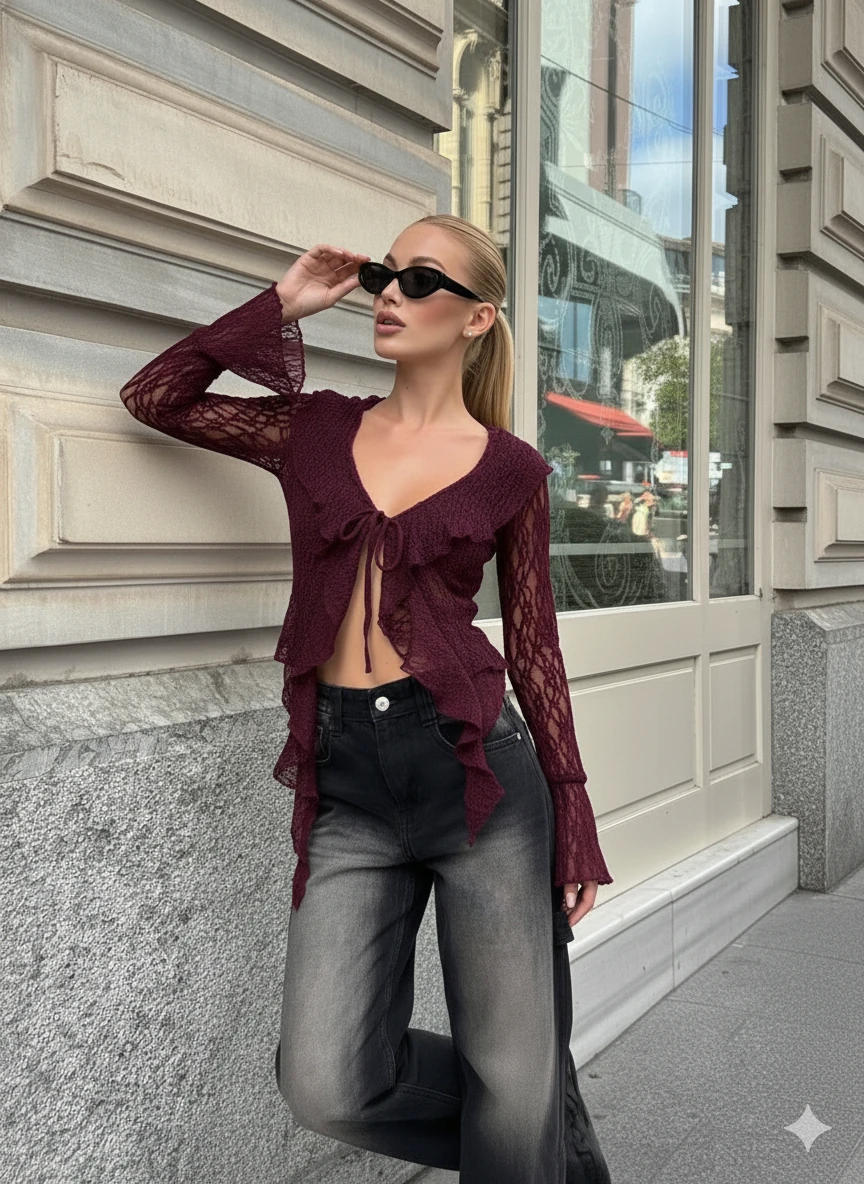 Siyah Dantel Bağlama Detaylı Bluz - Bordo