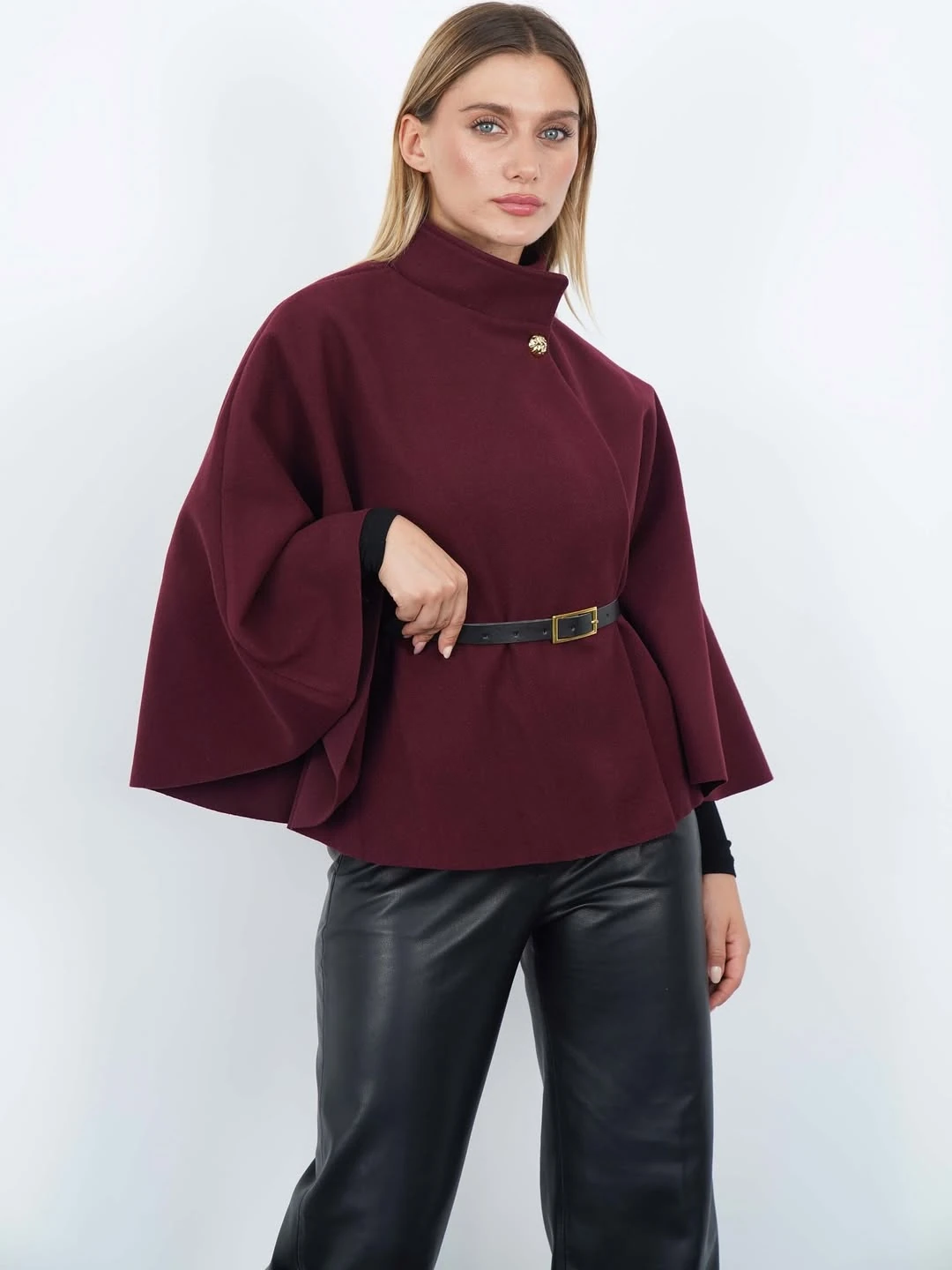 Pelerin Panço Kaban İnce Kaşe Kemer Hediyeli Gold Düğmeli - Bordo