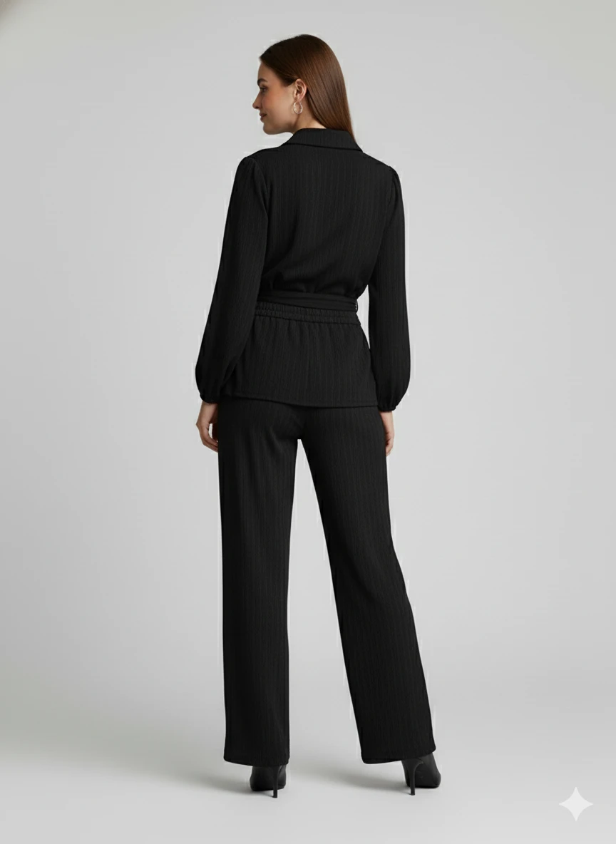 Kadın Kruvaze Bluz ve Geniş Paça Pantolon İkili Takım Bürümcük Kumaş Şık Set